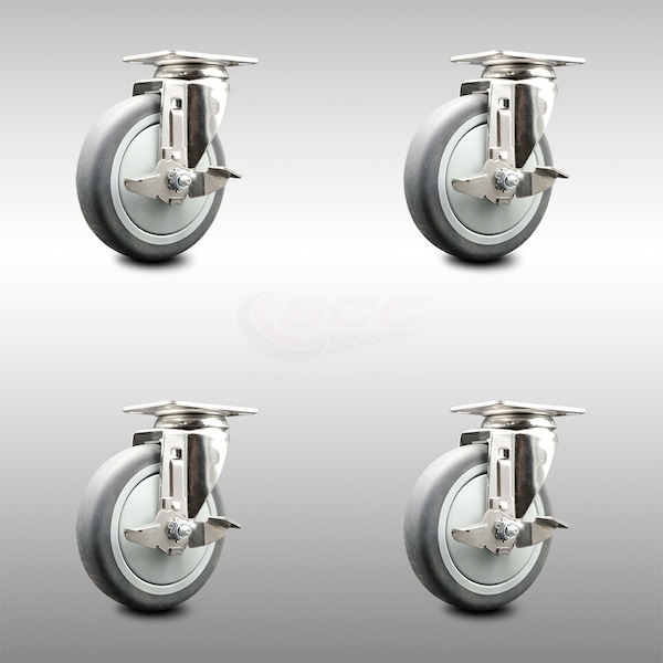 5 Inch 316SS Thermoplastic Rubber Wheel Swivel Top Plate Caster Set with Brake